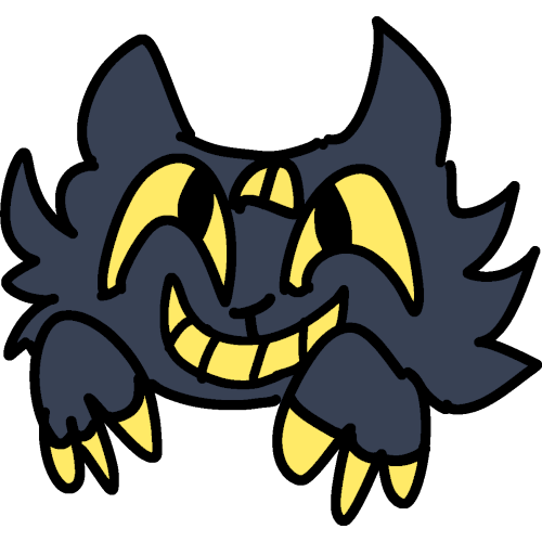 a black furry creature with horns, three yellow eyes, teeth and claws. It is having an excited wide smile on its face.